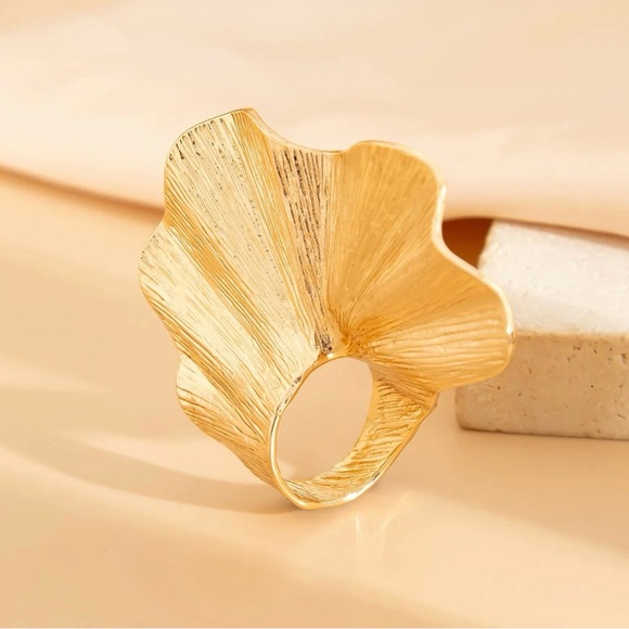 Gold Statement Ring, Contemporary Chunky Wave Design, Size 7 - Picture 2 of 5